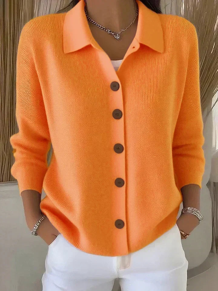 Women's long-sleeve collared cardigan with button front and hip-length hem