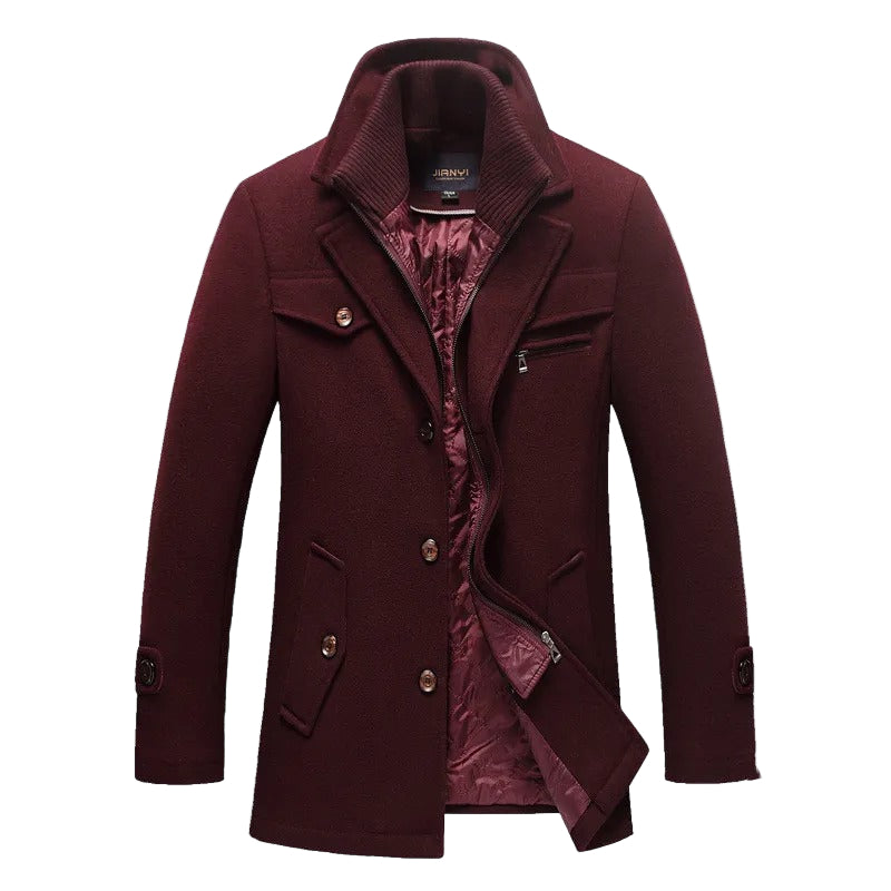 Men's long structured coat with stand collar, button front and quilted lining