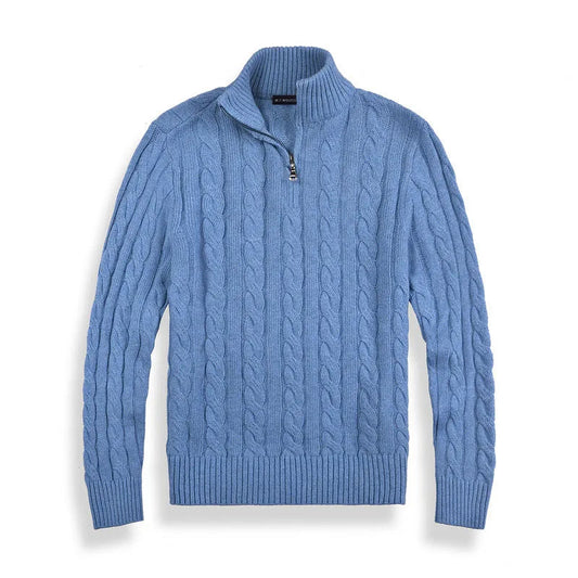 Men's cable knit half-zip sweater with ribbed mock neck and long sleeves