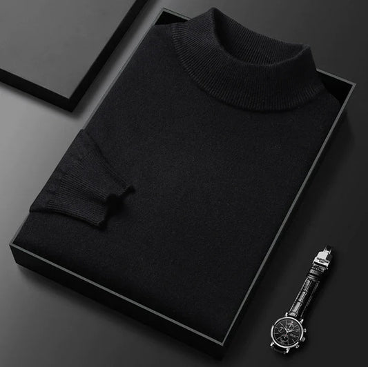 Men's plain turtleneck sweater with long sleeves and ribbed trims