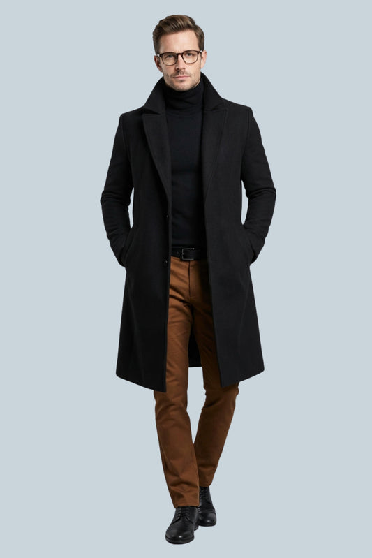 Manteau long habillé homme coupe ajustée à revers crantés et boutonnage devant