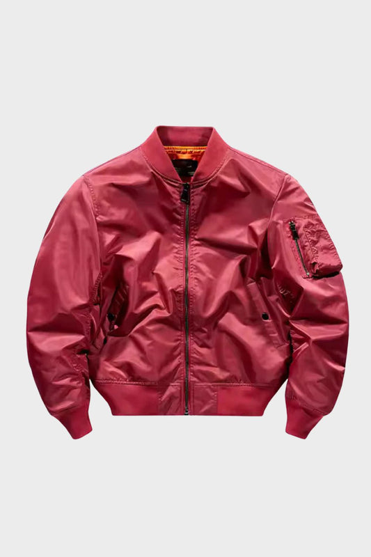Men's bomber jacket with stand collar, zip front, ribbed trims and sleeve utility pocket