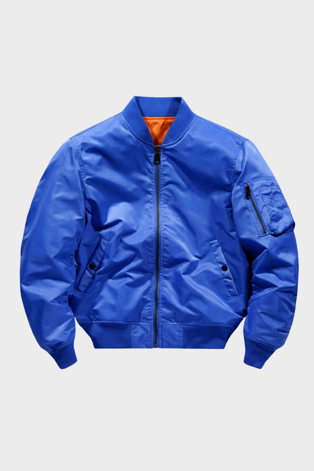 Men's bomber jacket with stand collar, zip front, ribbed trims and sleeve utility pocket