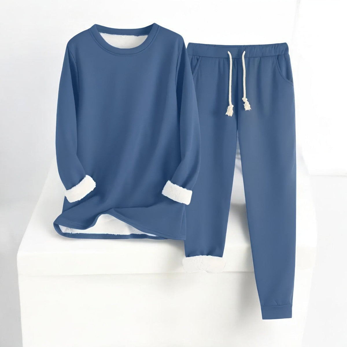 Long-sleeve crew neck sweatshirt and matching drawstring joggers with cuffed hems
