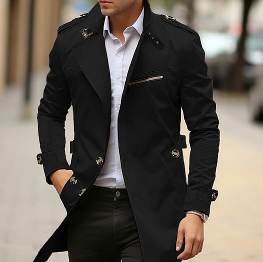 Men's long trench coat with notched collar, button front and zipped chest pocket