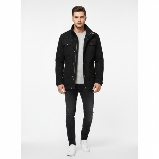Men's high-neck utility jacket with multiple flap pockets and long sleeves