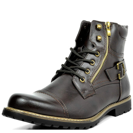 Men's biker ankle boot with laces, side zip and buckle strap