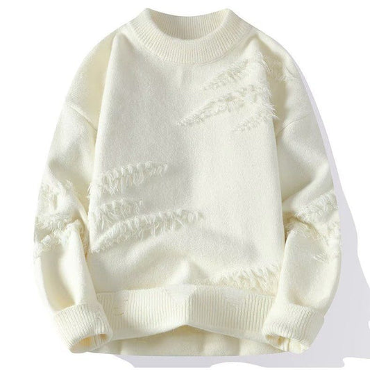 Women's crew neck sweater with long sleeves and frayed distressed panels