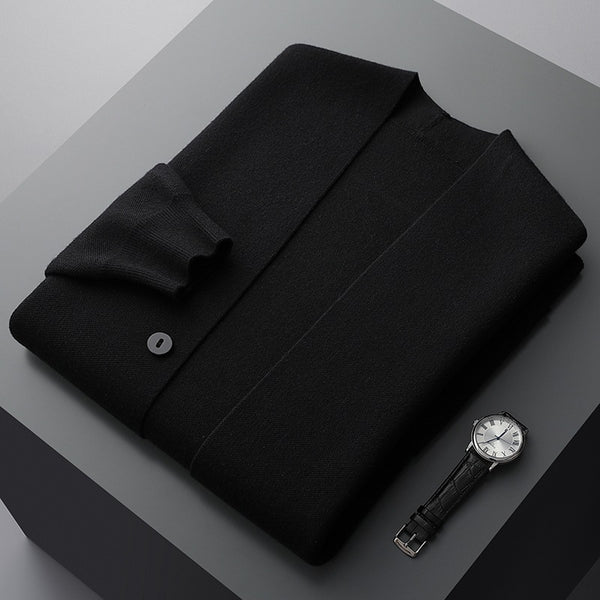 Men's button-front cardigan with striped sleeves and patch pockets