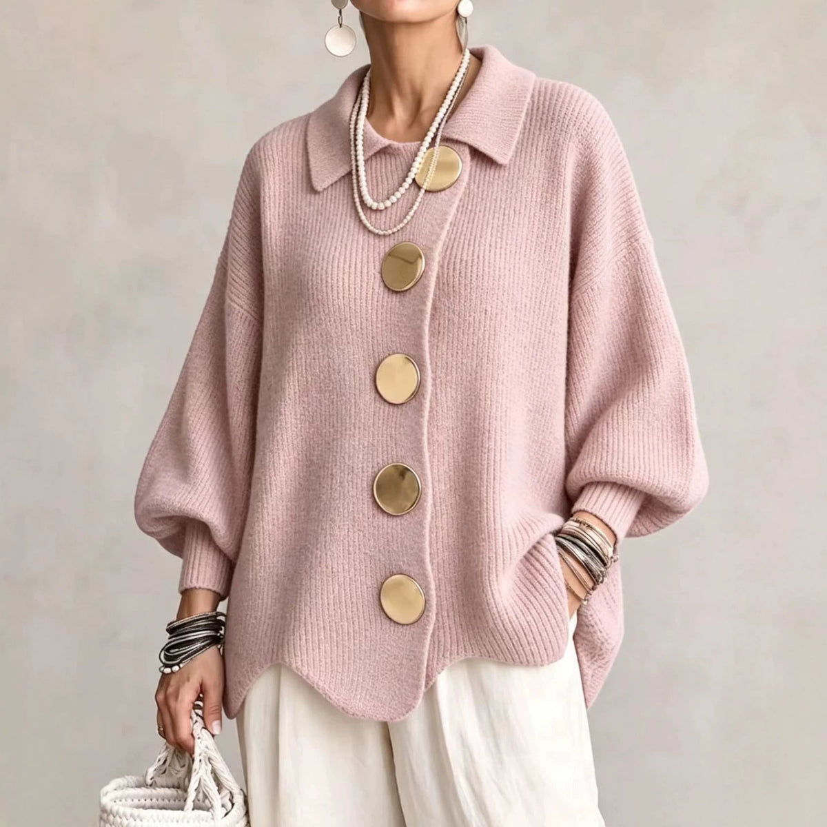 Women's oversized ribbed button-front cardigan with collared neckline and long sleeves
