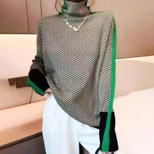 Women's striped high neck pullover sweater with long sleeves and contrast trim