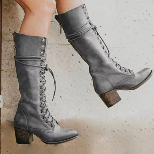 Women's knee-high lace-up boots with block heels and side zips