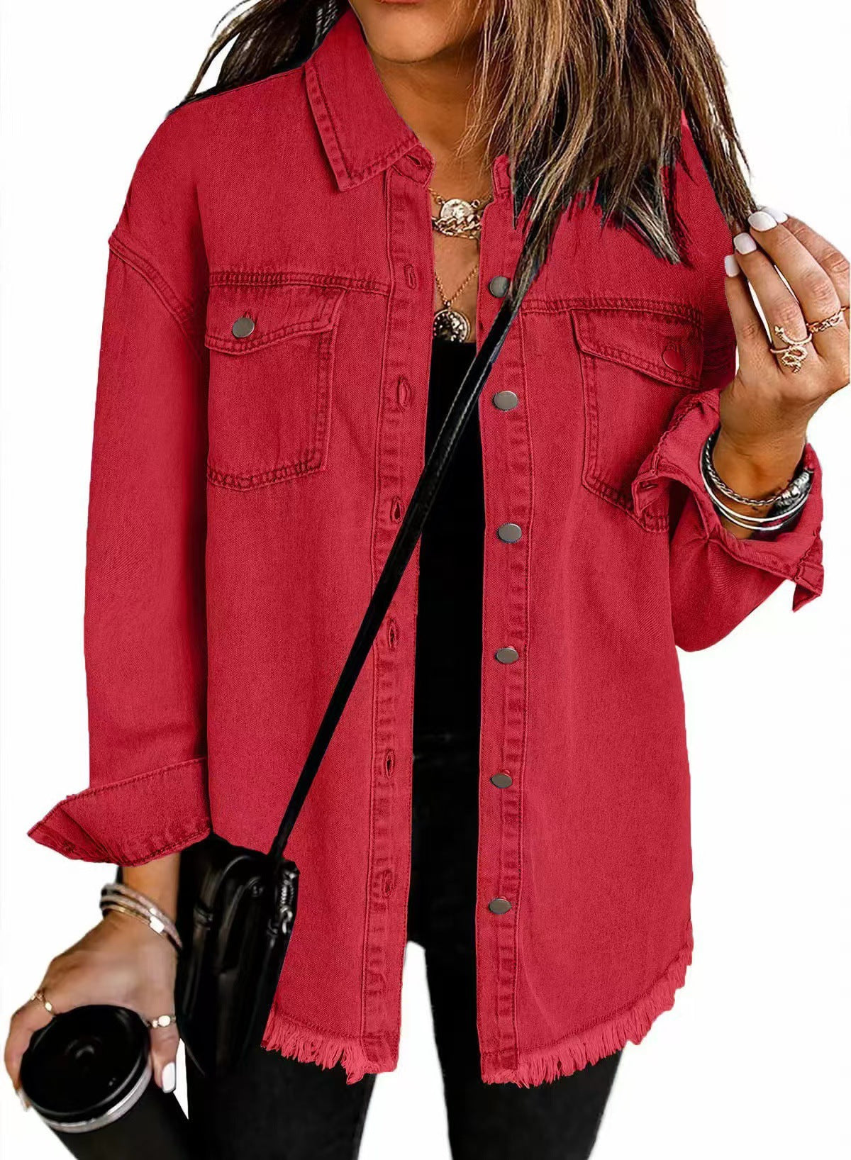 Women's longline denim jacket with collar chest pockets and frayed hem