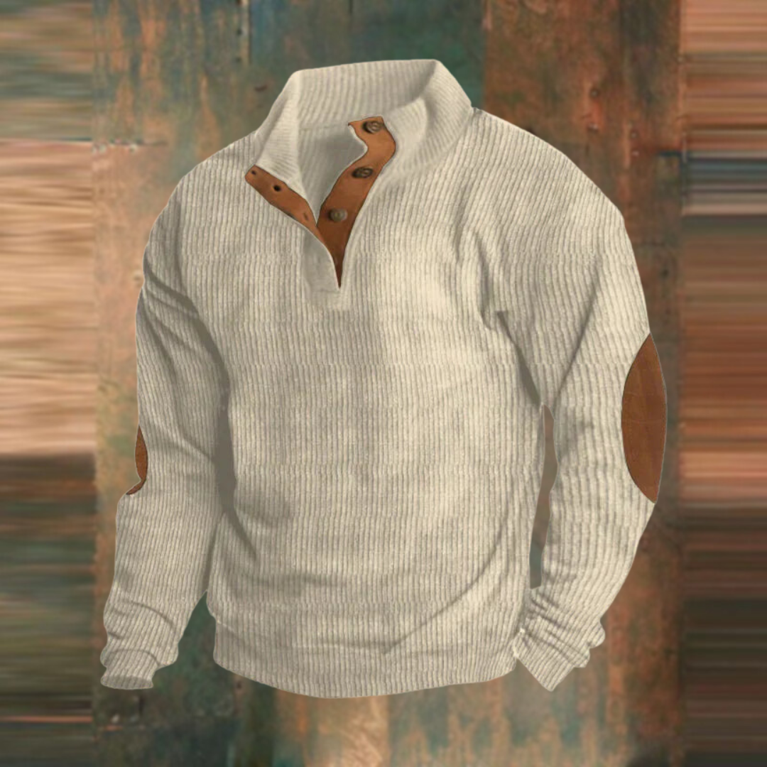 Men's ribbed mock neck sweater with button placket and elbow patches