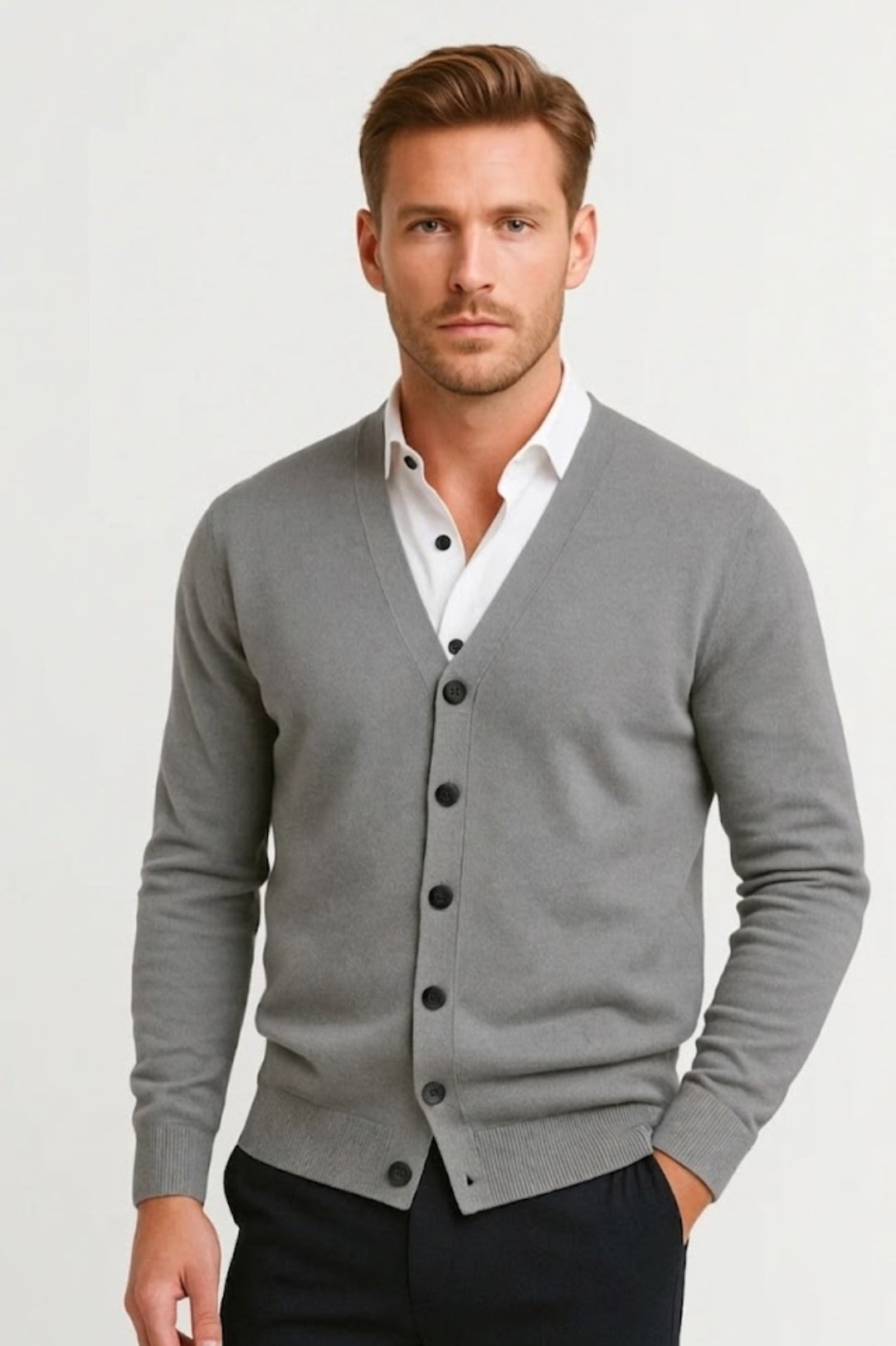 Men's grey button-front V-neck cardigan with long sleeves