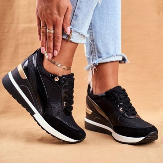 Women's black and gold-toned colour-block platform sneakers with lace-up fronts