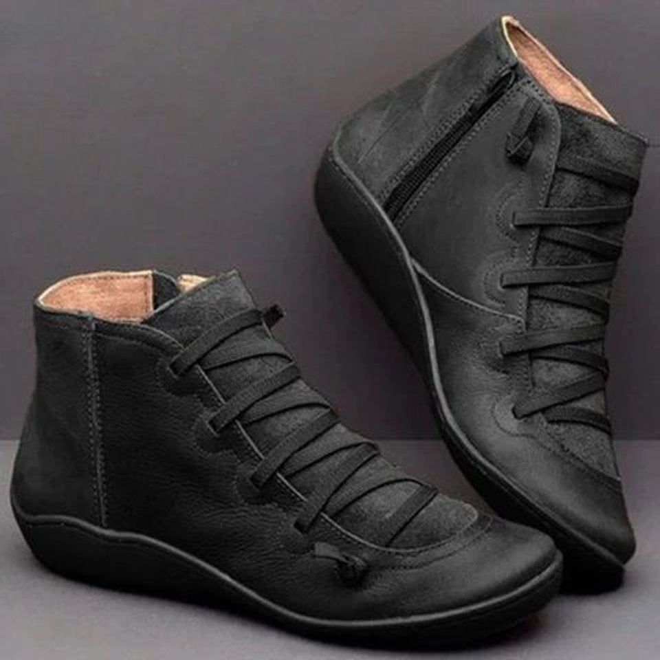 Women's lace-up ankle boots with side zippers and round toes