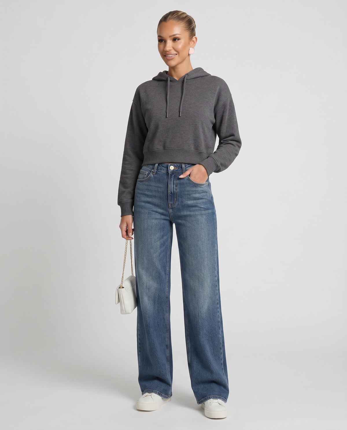 Women's blue high-waisted wide-leg jeans with five-pocket design