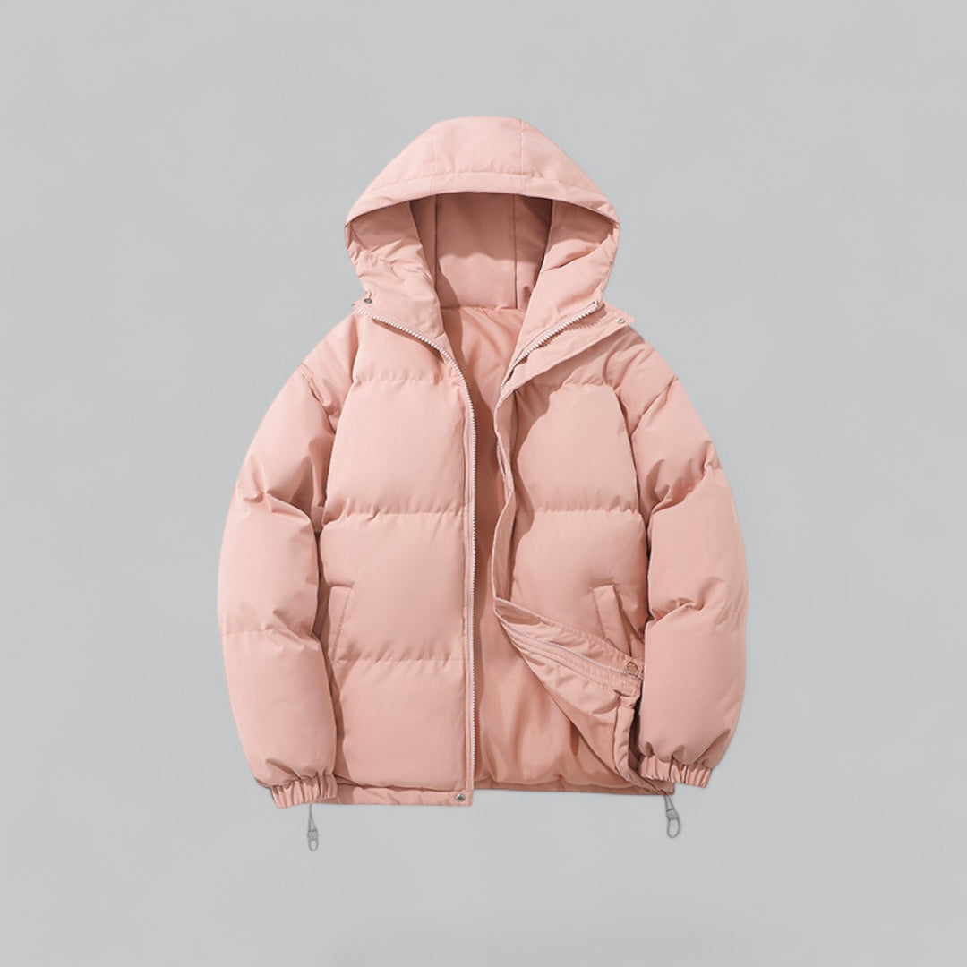 Men's quilted hooded parka jacket with zip front, pockets and adjustable hem