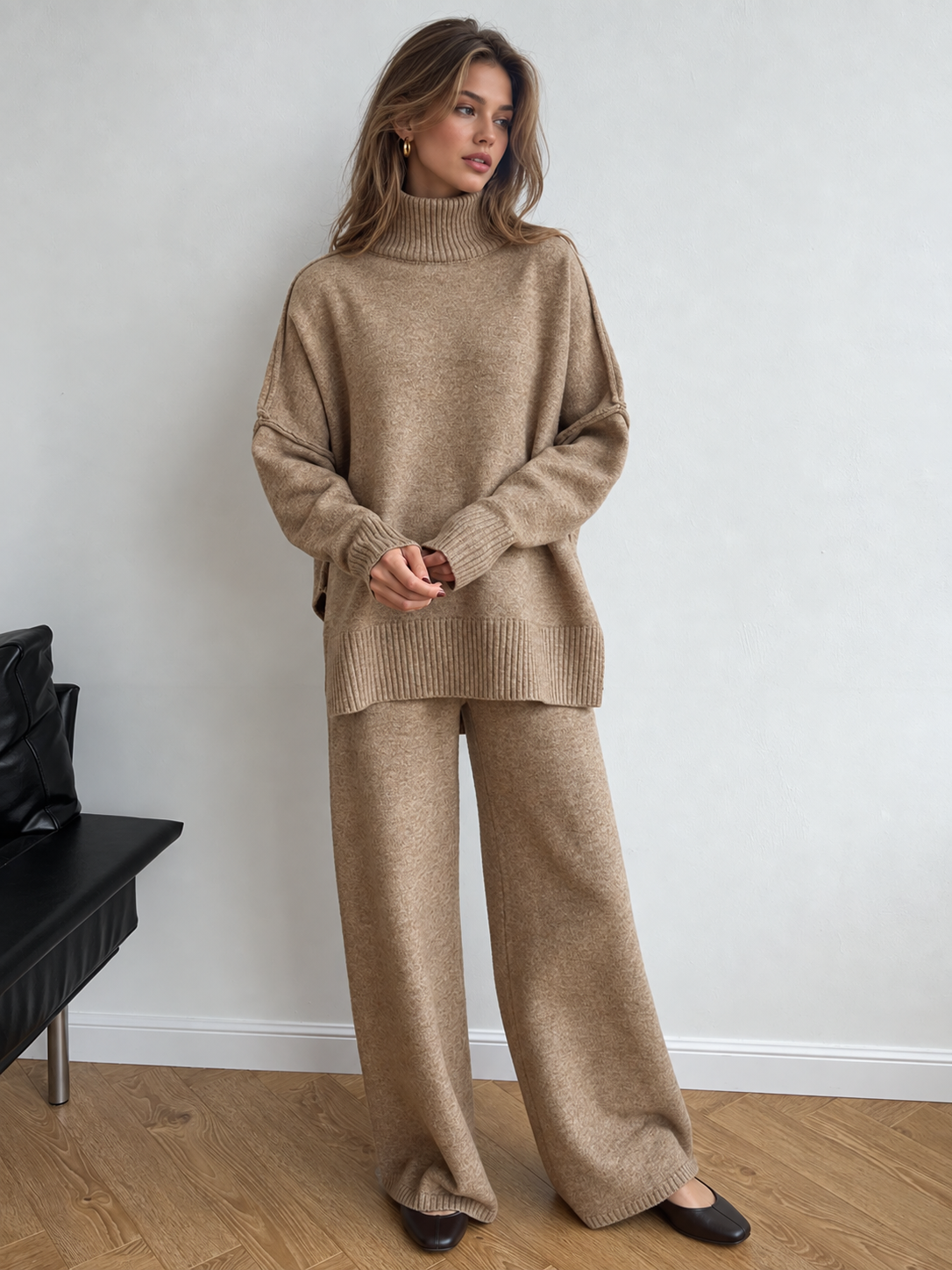 Women's plain turtleneck knit top and wide-leg pants set
