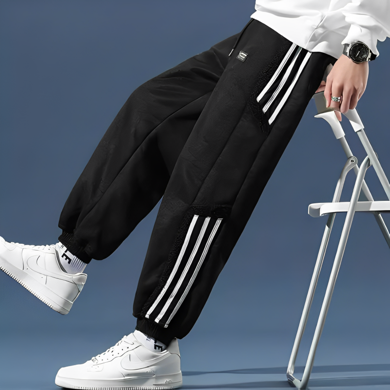 Men's tapered striped jogger pants with drawstring waist and cuffed ankles