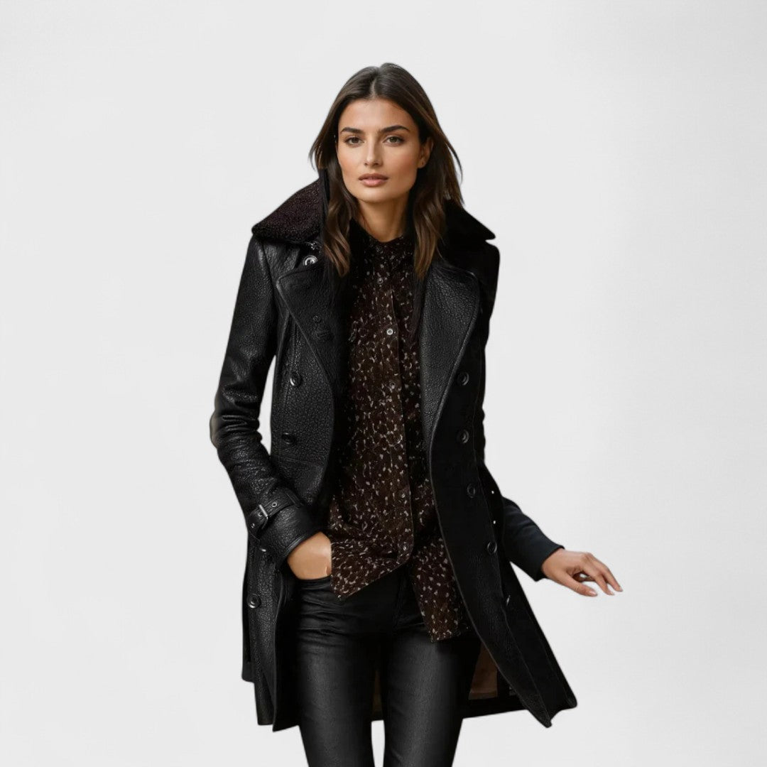 Women's black double-breasted long coat with wide lapels and cuff straps