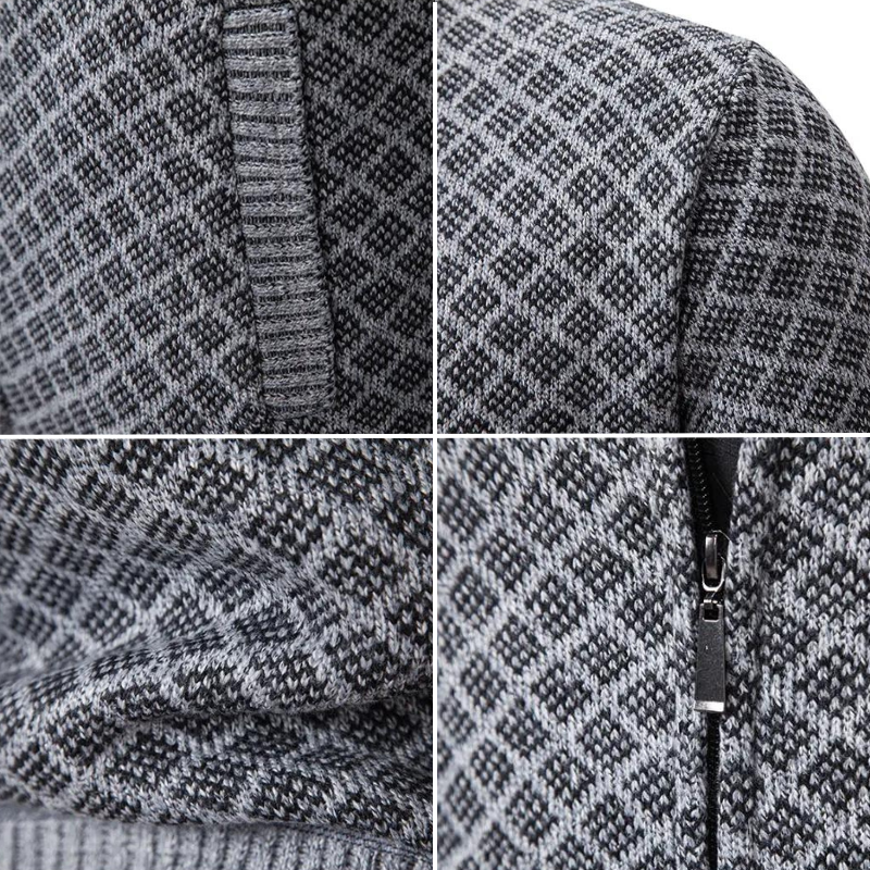 Men's geometric patterned zip-up sweater with stand collar and ribbed trims