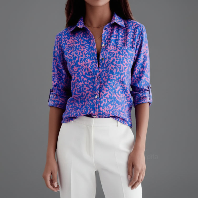 Women's collared shirt with abstract geometric print and rolled three-quarter sleeves