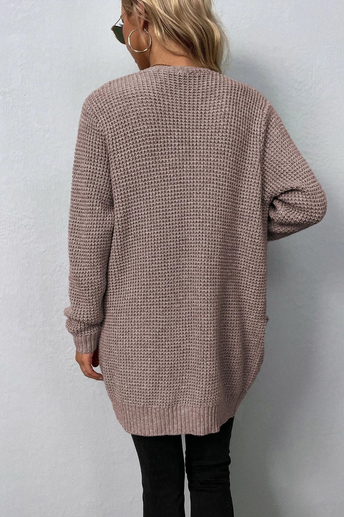 Women's longline ribbed knit cardigan with open front and long sleeves