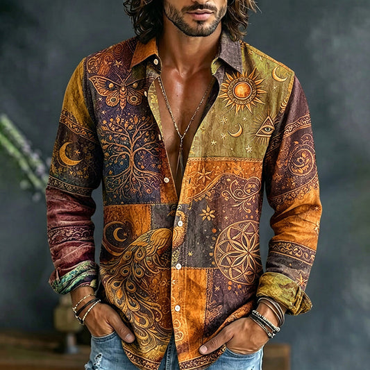 Men's long-sleeve patchwork shirt with peacock, sun, moon and paisley print