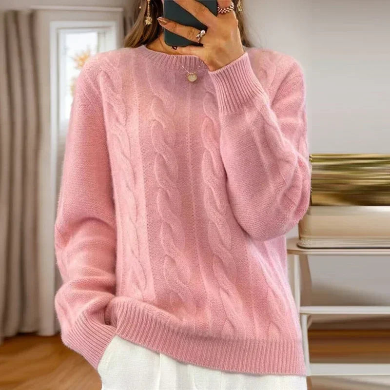 Women's cable knit crew neck sweater with long sleeves