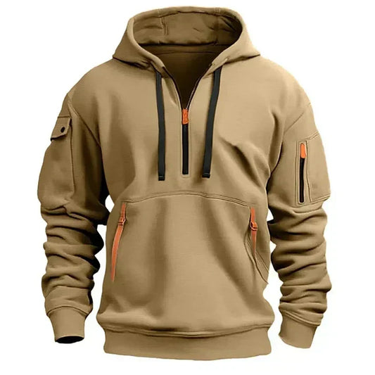 Men's hooded sweatshirt with half-zip front and multiple zip pockets