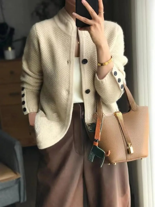 Women's textured button front cardigan jacket with stand collar and patch pockets
