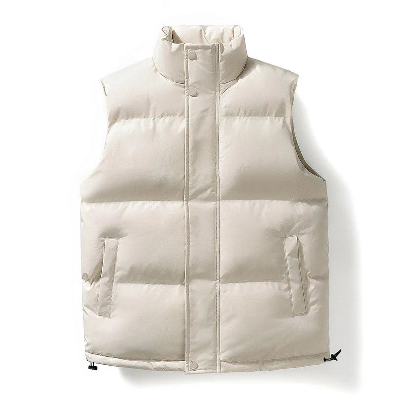 Men's navy quilted sleeveless puffer vest with mock neck and snap front