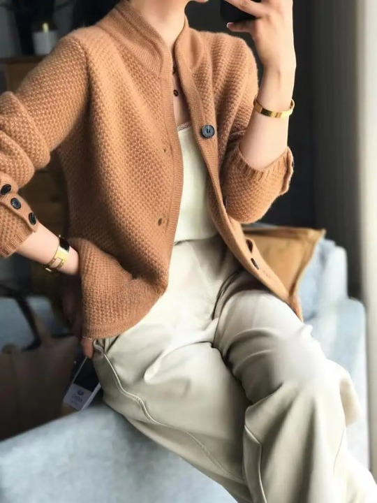 Women's textured button front cardigan jacket with stand collar and patch pockets