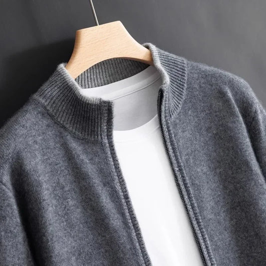 Knit zip-front bomber cardigan with ribbed collar and long sleeves