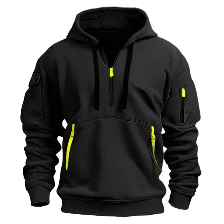 Men's hooded sweatshirt with half-zip front and multiple zip pockets