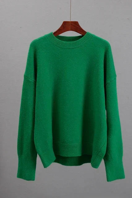 Women's plain crew neck sweater with long sleeves and ribbed trims