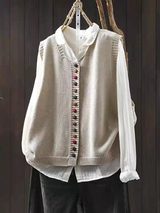 Gilet cardigan femme en maille boutonné, col en V, sans manches