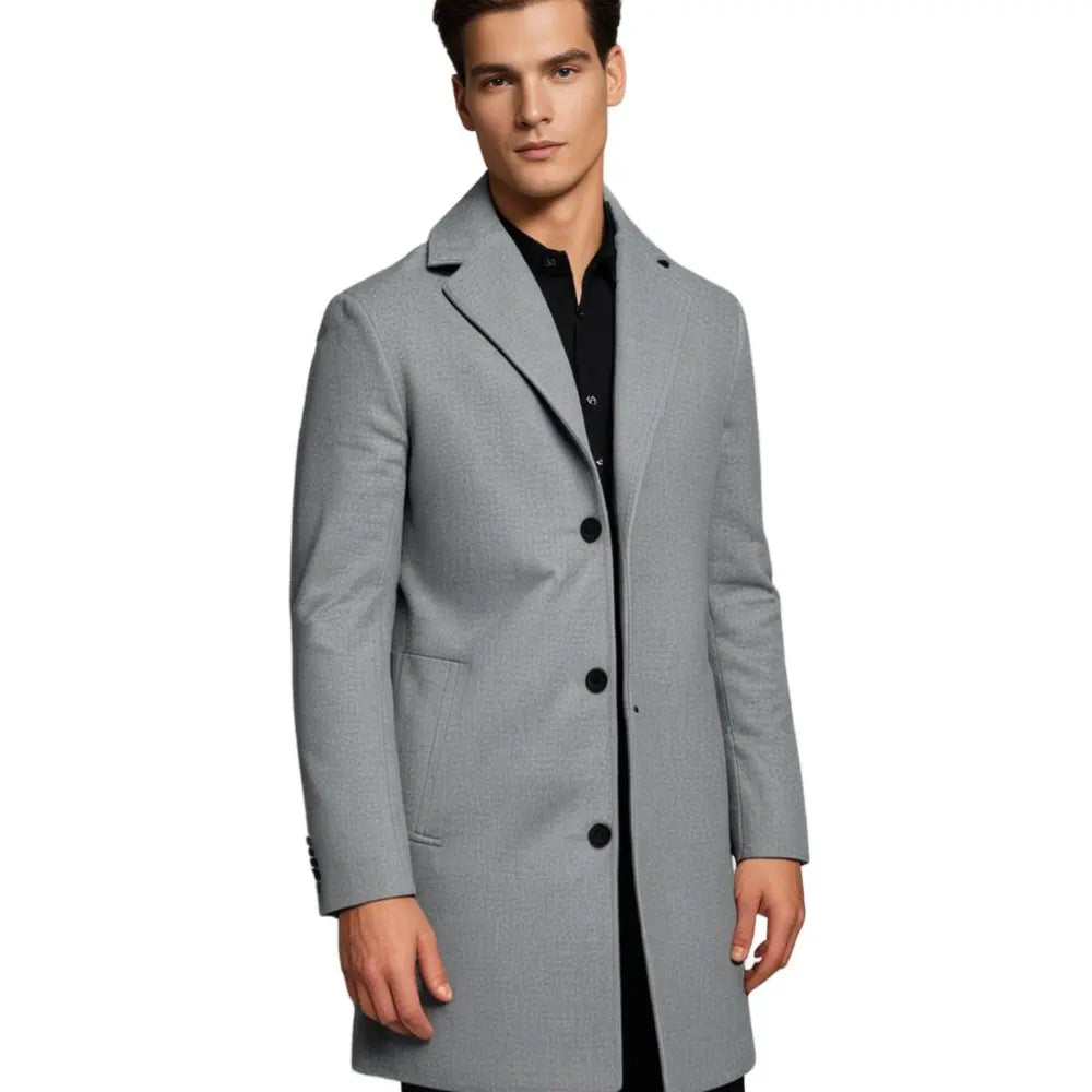 Men's tailored long coat with notched lapels, button front and side pockets