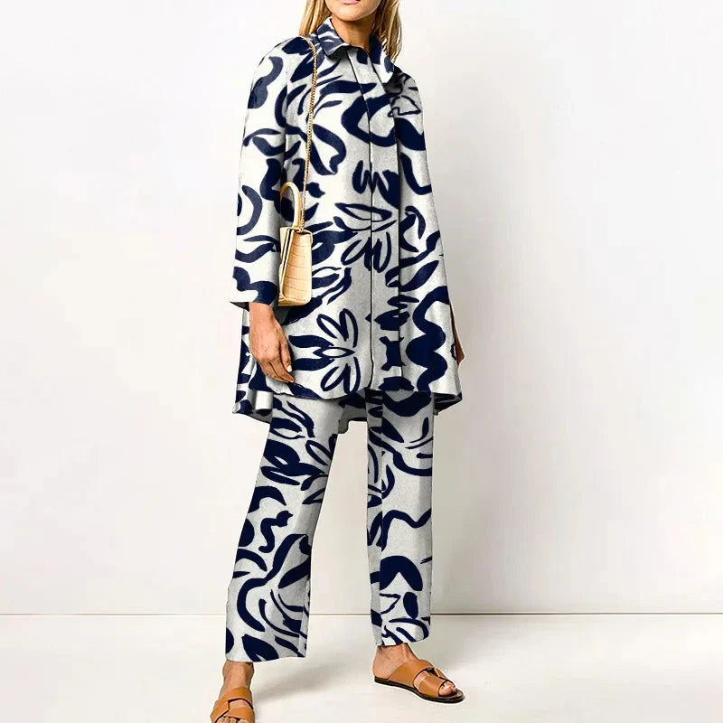 Women's geometric print blouse and wide-leg trousers two-piece set
