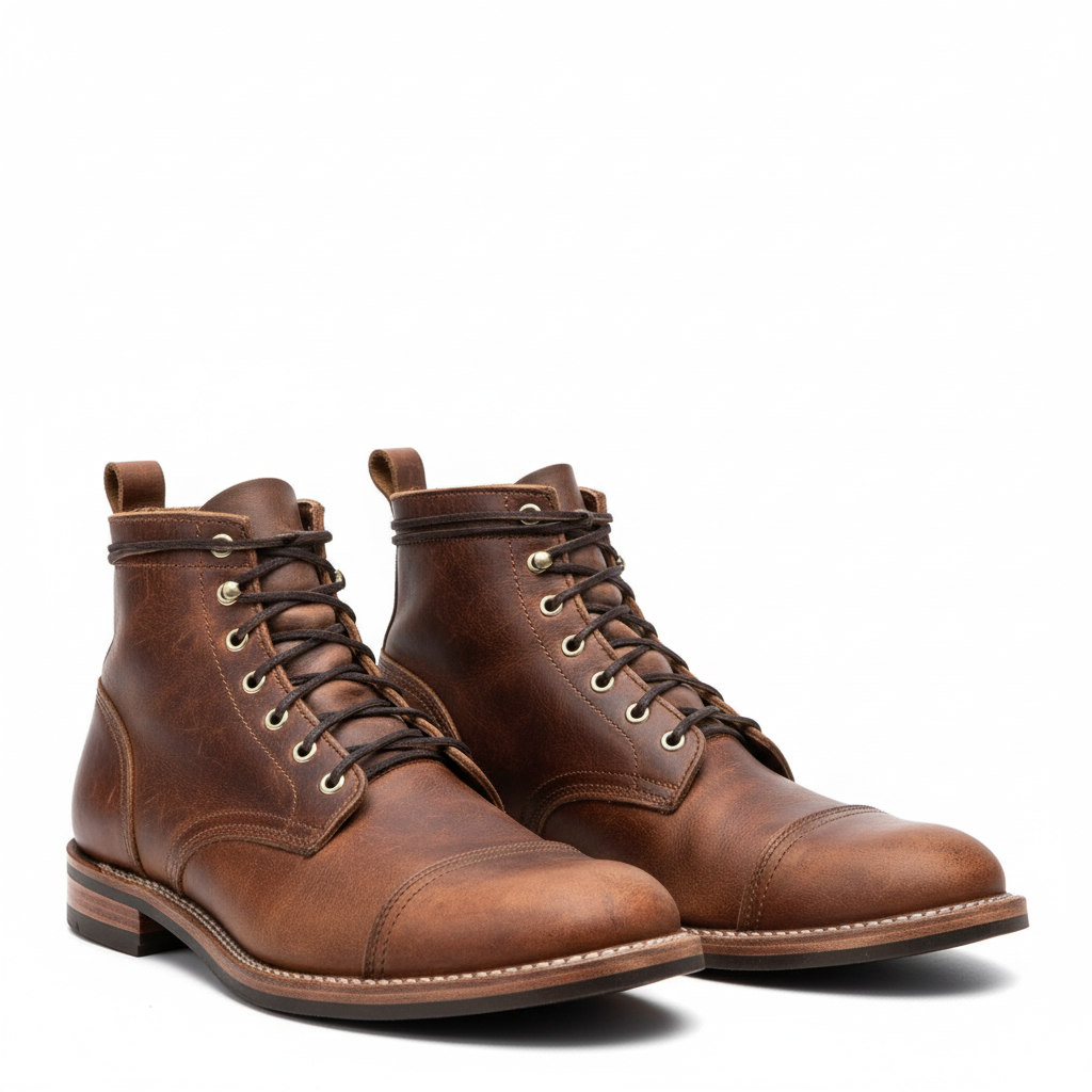 Men's lace-up ankle boots with rounded toes, stitched panels and low heels