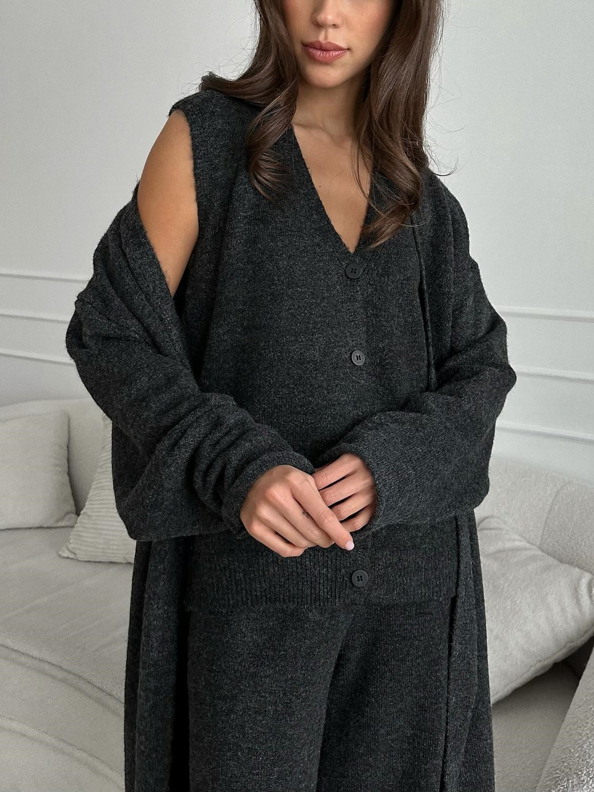 Women's three-piece knit set with long cardigan, sleeveless top and wide-leg trousers