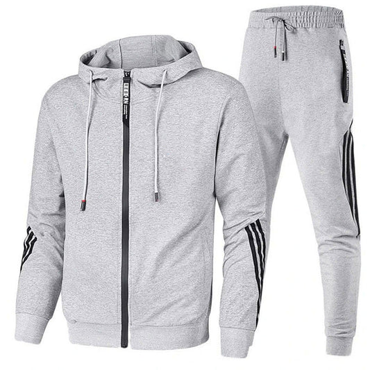 Men's hooded tracksuit set with zip jacket and striped jogger trousers