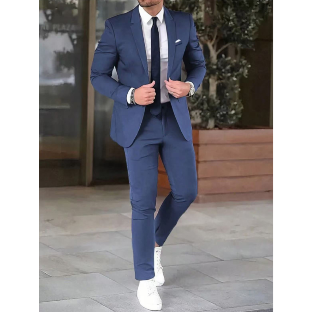 Men's two-piece suit with notched-lapel jacket and slim trousers