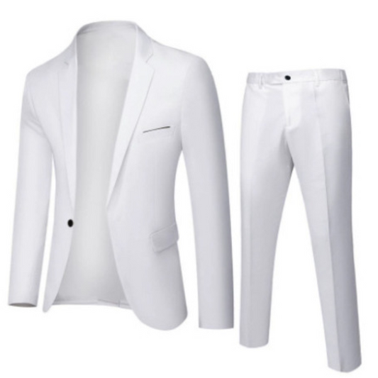 Men's two-piece suit with notched-lapel jacket and slim trousers
