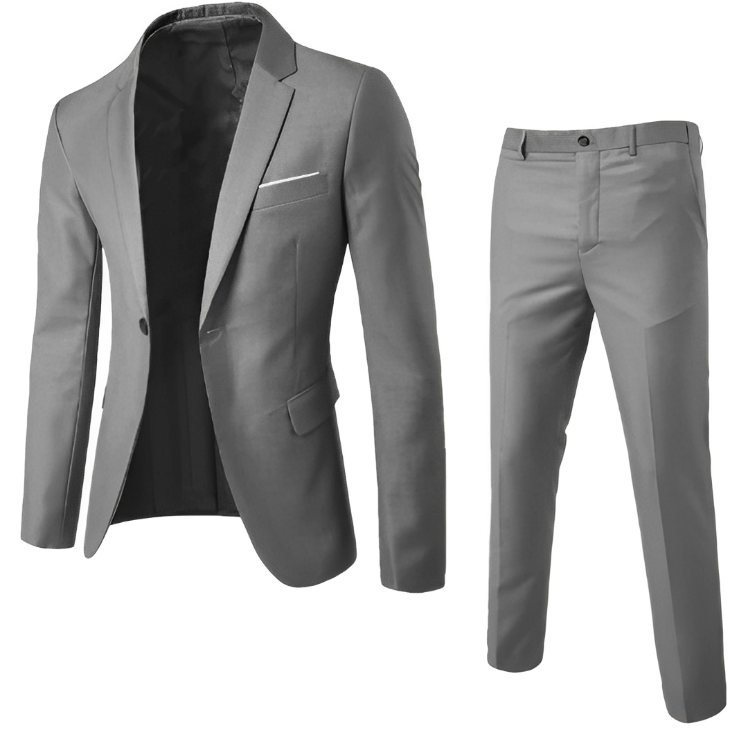 Men's two-piece suit set with notched lapel jacket and matching slim trousers