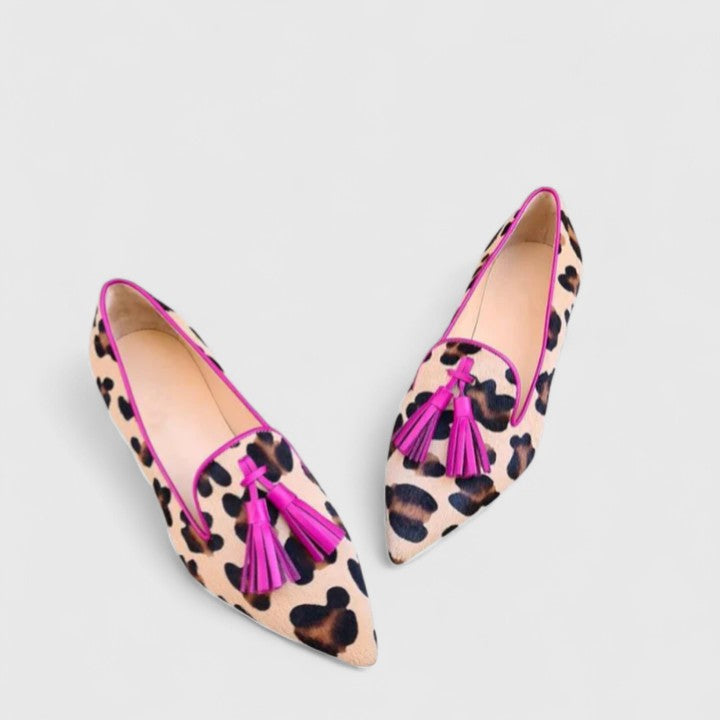 Women's pointed leopard loafers with tassel trim