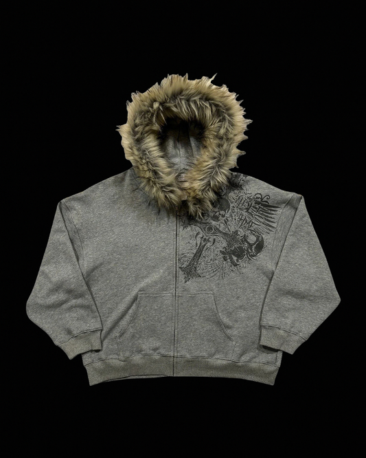 Hooded zip hoodie with contrasting faux fur trim and front pocket