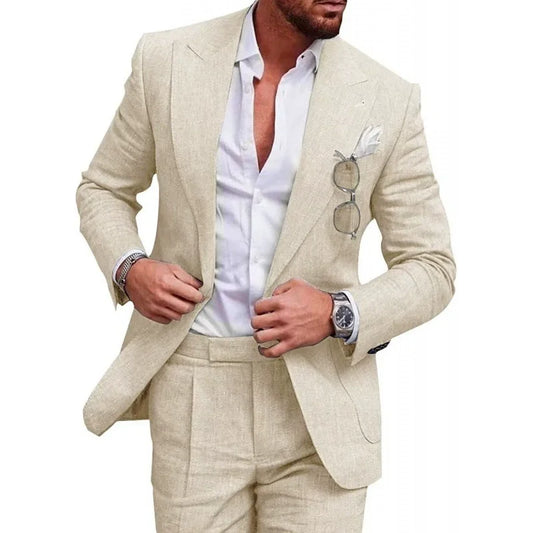 Men's two-piece suit with notch-lapel blazer and matching pleated trousers